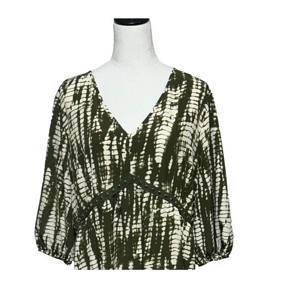 Bloomchic Dress 18-20 Midi Green Cream Abstract Balloon Sleeve V Neck Stretch - Picture 1 of 13